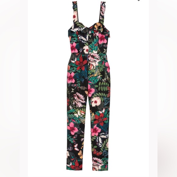 H&M Pants - H&M Jumpsuit Romper Floral ruffle sleeve black red pink stretch size 8/38